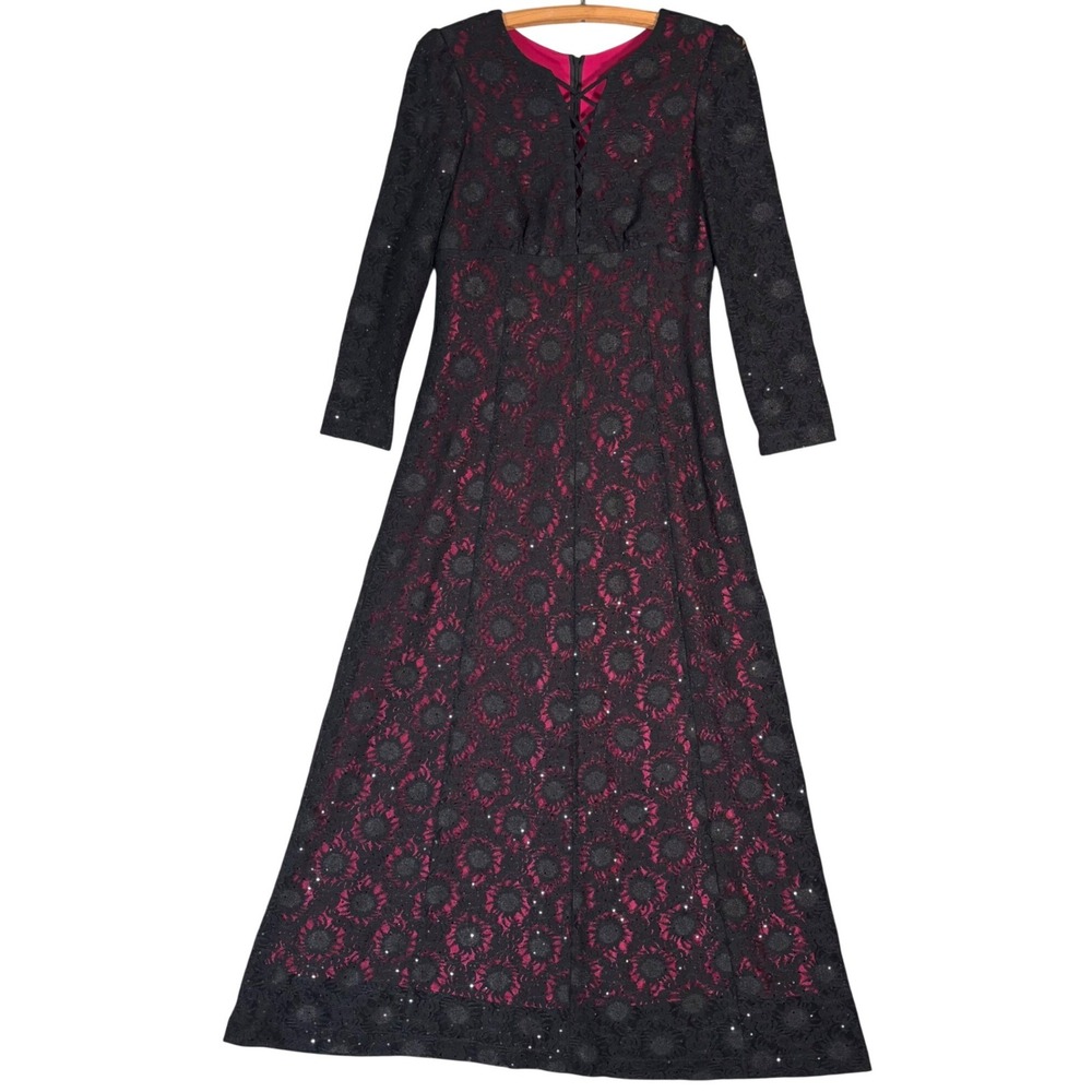 Vintage Style Black Lace Sequin Maxi Gown Magenta Lining Lace-up V-Neck Gothic M